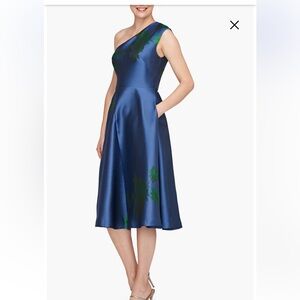 Kay Unger One-Shoulder Blue and Green Midi Dress